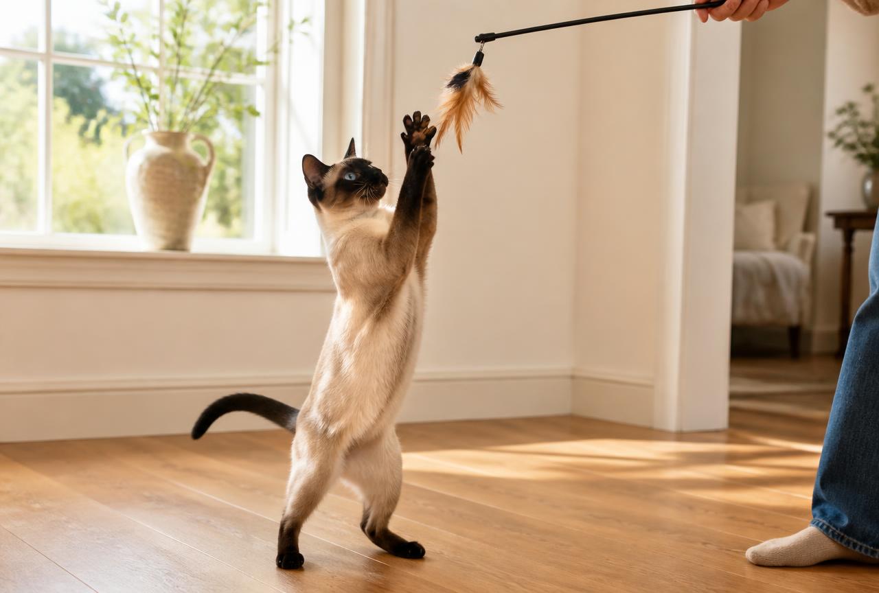 A Siamese cat upright on its hind legs reaching for a feather wand toy in a sunlit room