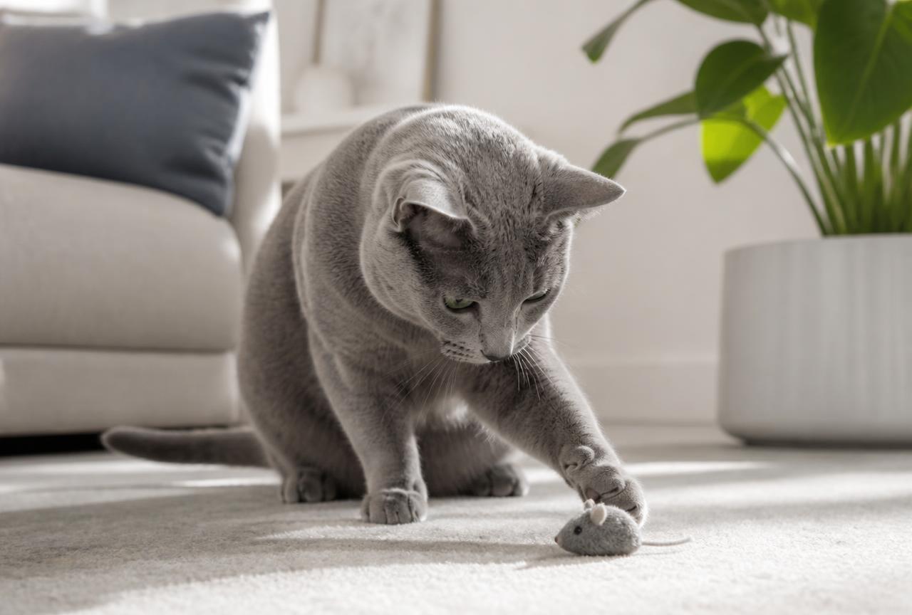 A Russian Blue cat playing gently with a toy mouse in a quiet living room