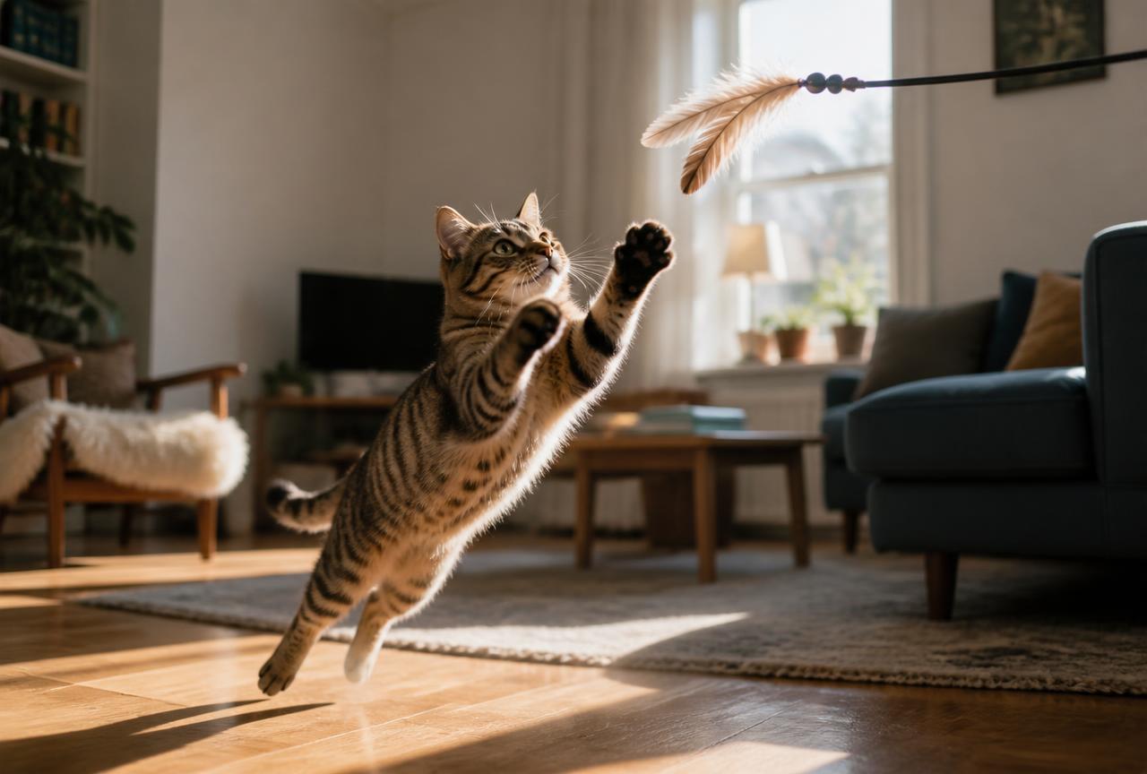Tabby domestic shorthair cat leaping to catch a feather wand in a sunlit living room