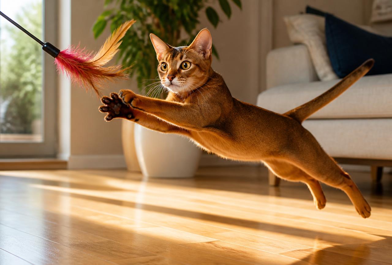 A ruddy Abyssinian cat leaping through the air after a feather wand toy in a bright living room