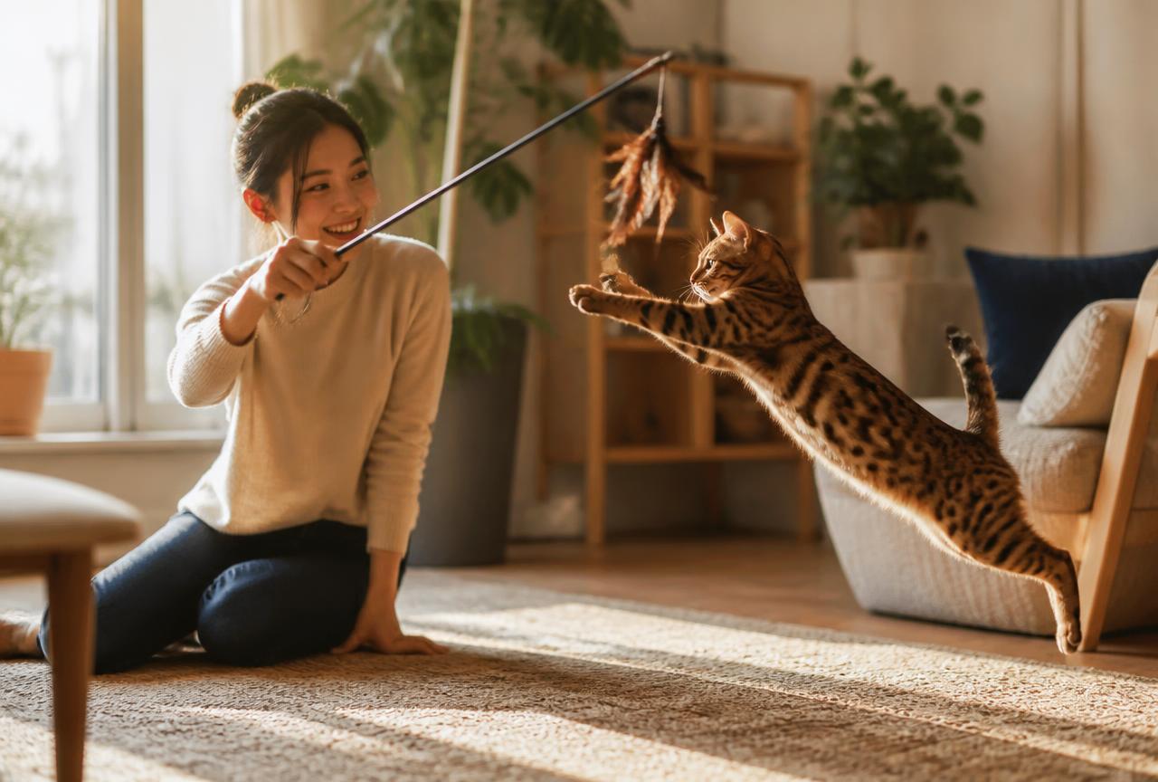 A person playing with a leaping Bengal cat using a feather wand toy in a sunny living room