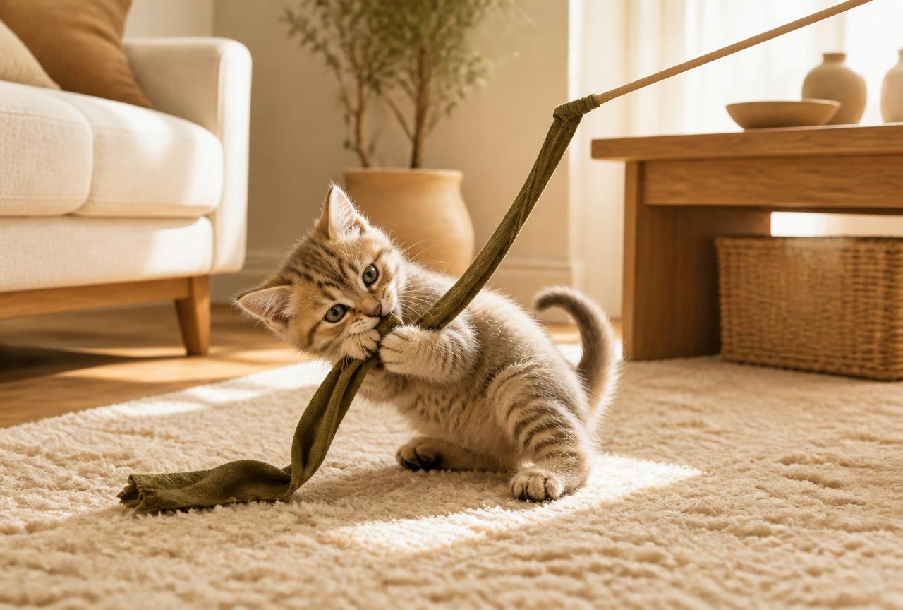 A kitten biting a long fabric wand toy on a living-room rug in warm light