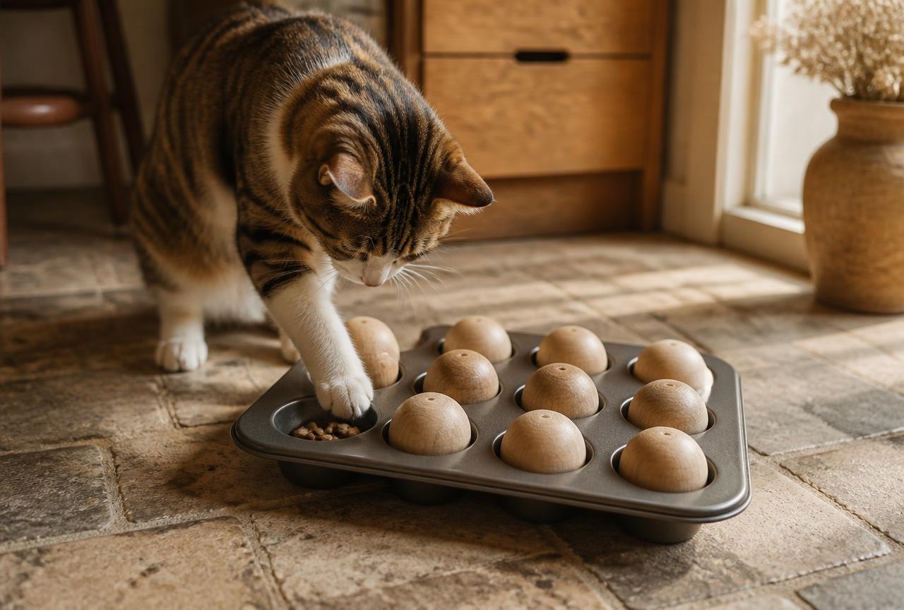 A tabby cat reaching a paw into one cup of a muffin tin with wooden balls covering the other cups