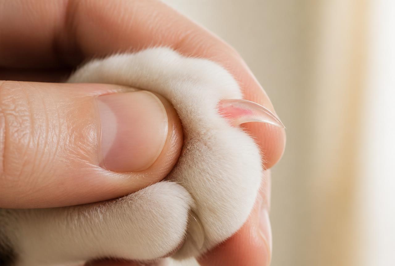 Macro close-up of a human finger pressing a white cat paw pad so one translucent claw extends, showing the pink quick inside