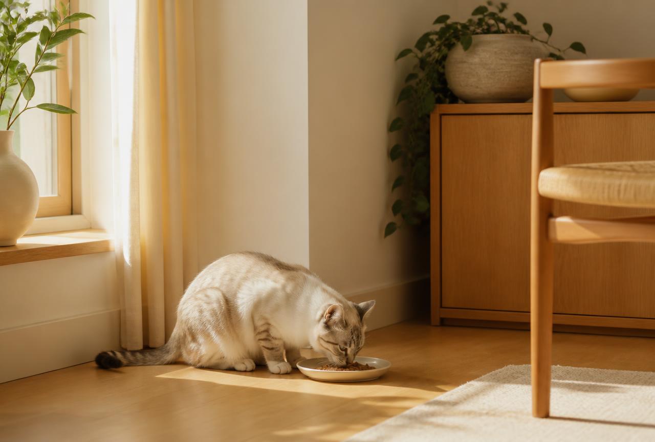 A cream and grey cat eating from a shallow saucer in a quiet sunlit corner of a room