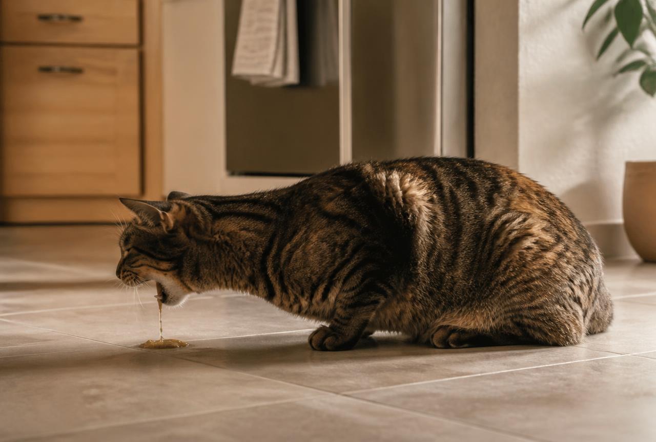 A tabby cat crouched low on a tiled kitchen floor with its neck extended forward in a retching posture