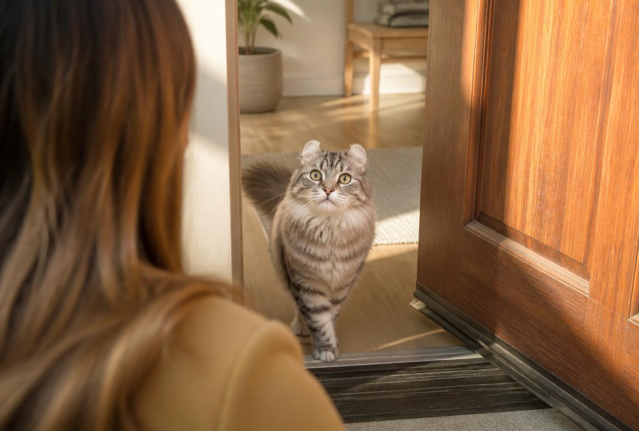 An American Curl cat greeting a person at the front door