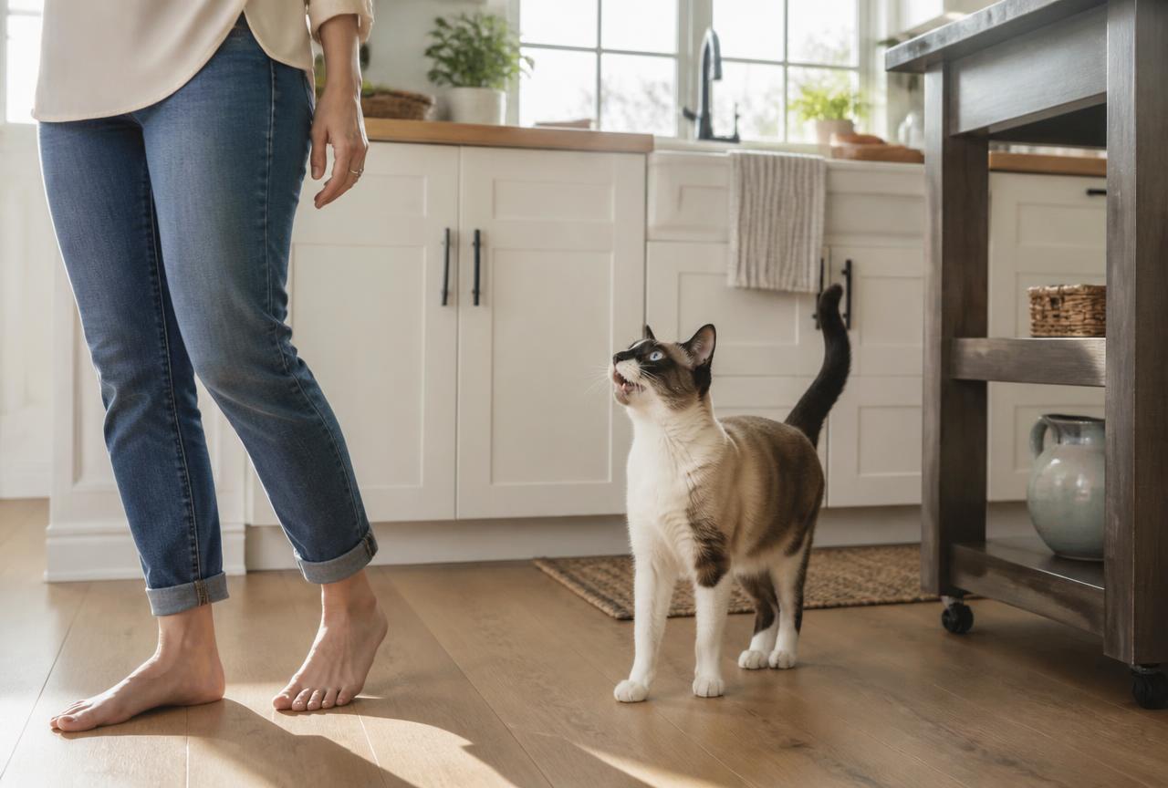 A Snowshoe cat following a person around a bright kitchen