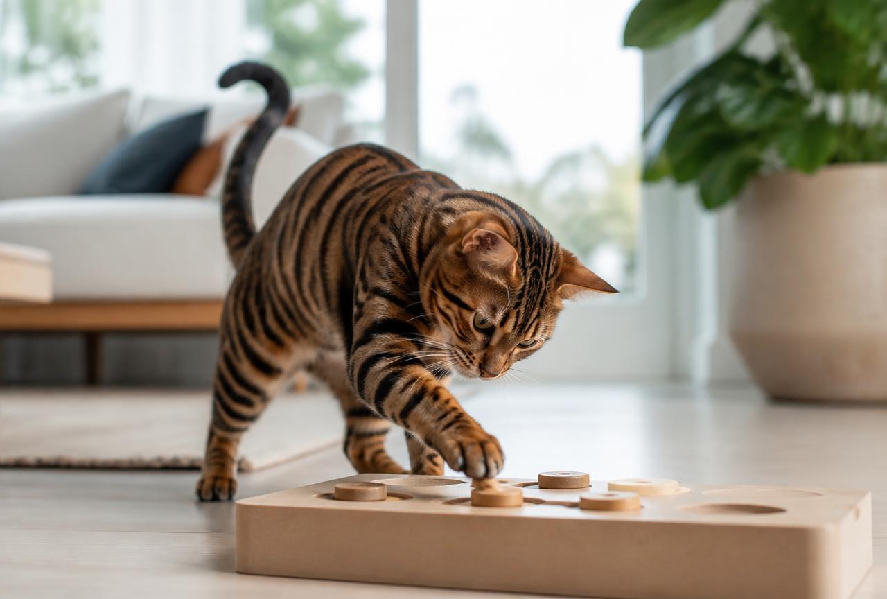 A Toyger cat playing with a puzzle feeder in a spacious modern living room
