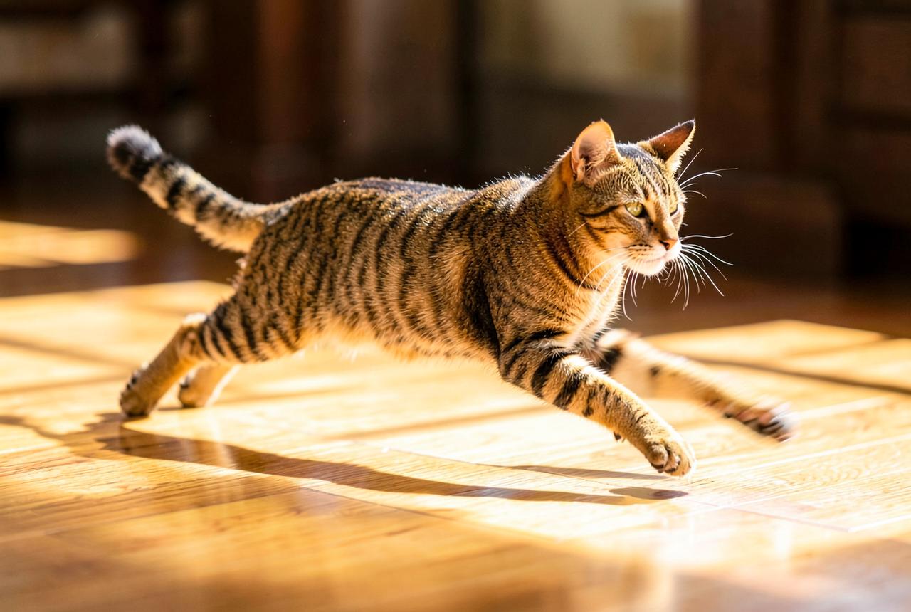 An Egyptian Mau sprinting across a sunlit wooden floor at full stretch.