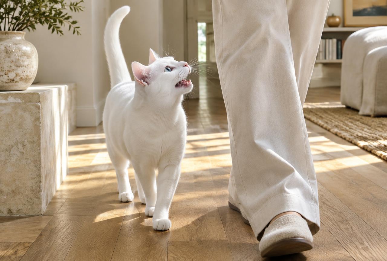 A pure white Khao Manee cat walking beside a person on a sunlit oak floor and vocalising