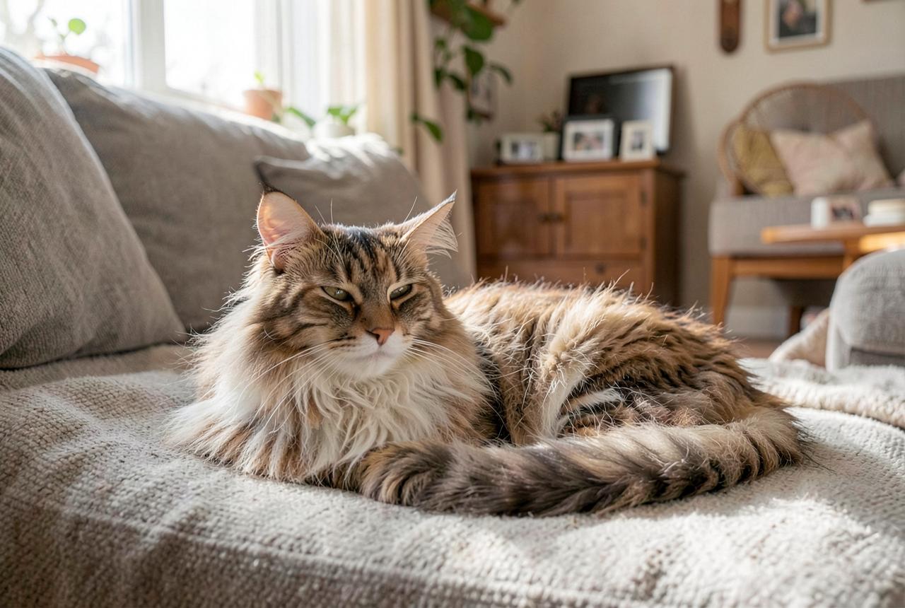 A domestic longhair resting on a windowsill with tail curled around its feet