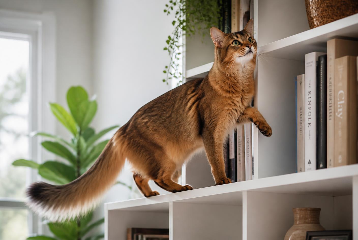 A Somali cat peering into an open cupboard, ears forward and tail raised.