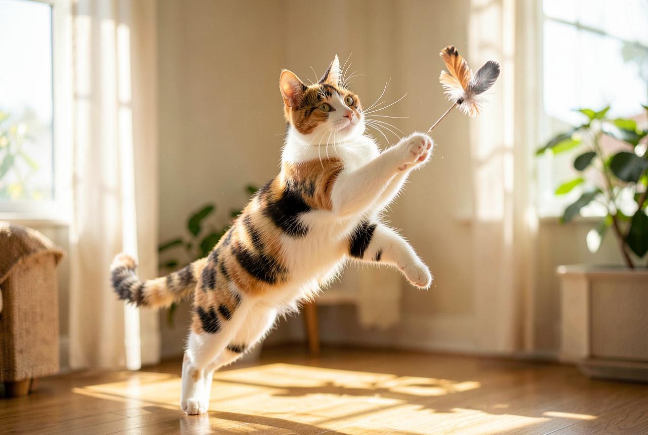 A Japanese Bobtail sitting up on its haunches with one front paw raised.