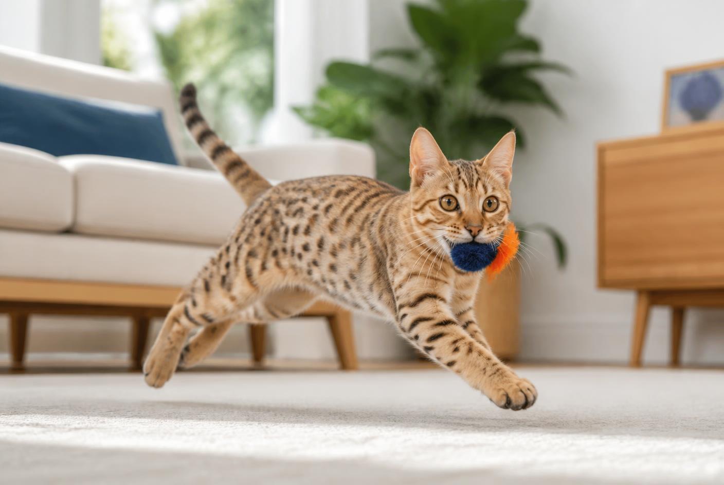 An Ocicat walking toward the camera with a confident, friendly expression.