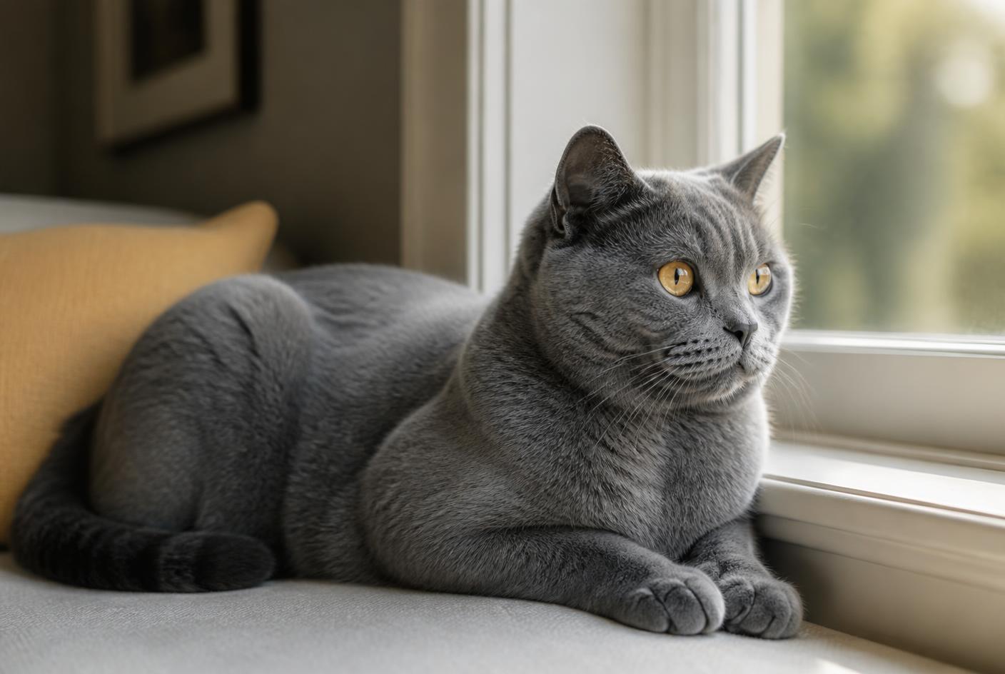 A Chartreux cat resting on a chair arm near a reading person, looking calm.