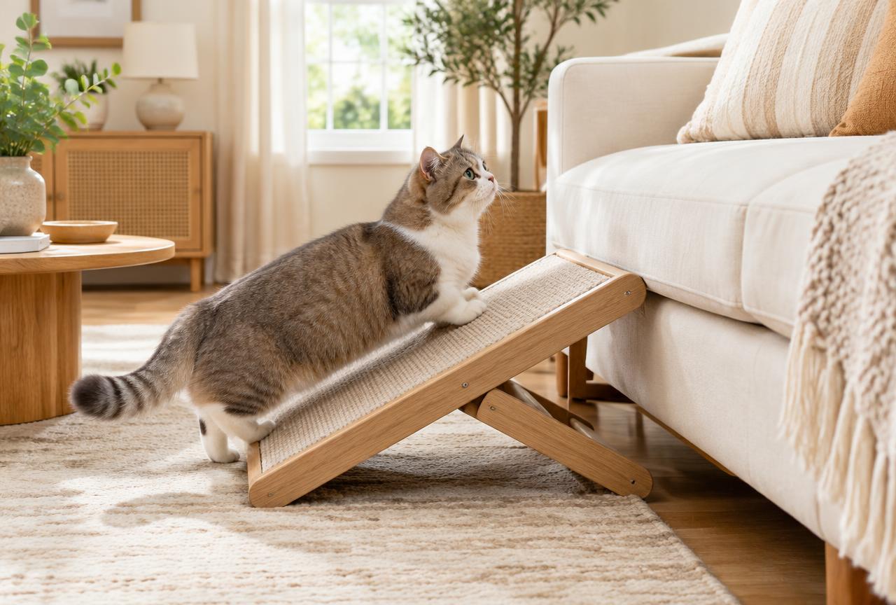 A Munchkin cat walking up a low wooden ramp to a cream sofa