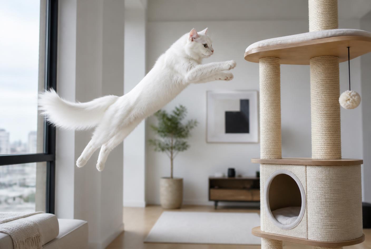 A Turkish Angora perched on a high shelf, looking down with alert copper eyes.