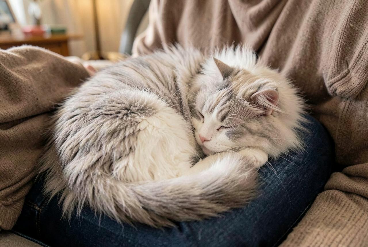 A LaPerm curled asleep on a person’s lap with one eye open