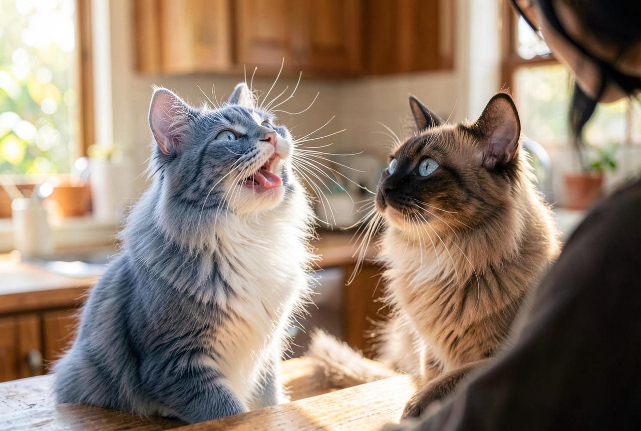 A Balinese cat sitting on its owner's lap looking up at them.