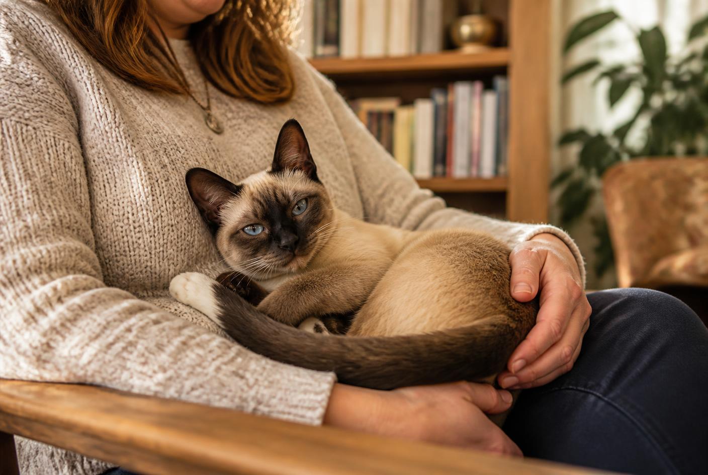 A Tonkinese cat curled on a book on a sofa, looking up at the camera with bright eyes.