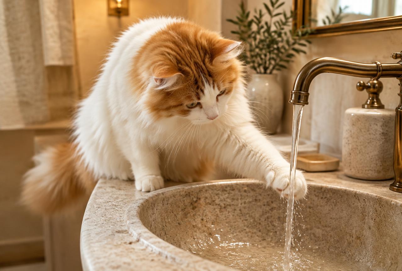 A white and auburn Turkish Van cat pawing at running water in a stone sink