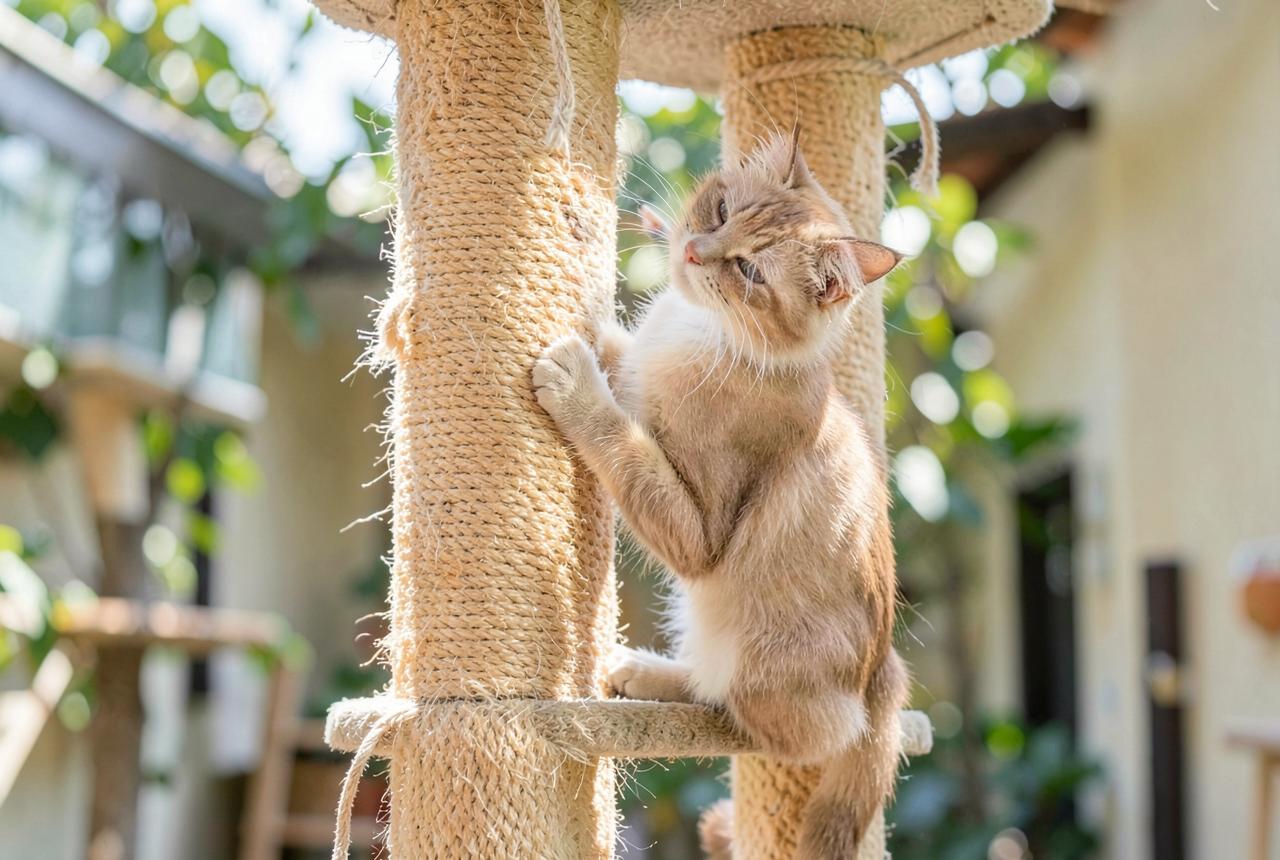 A Singapura peering down from the top of a tall cat tree