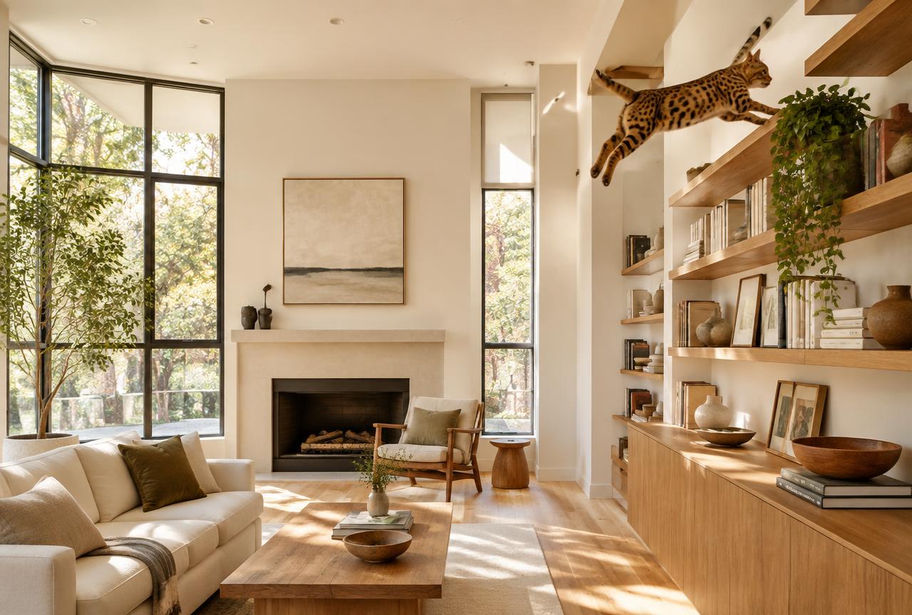A spotted Savannah cat leaping between tall wall-mounted shelves in a bright living room