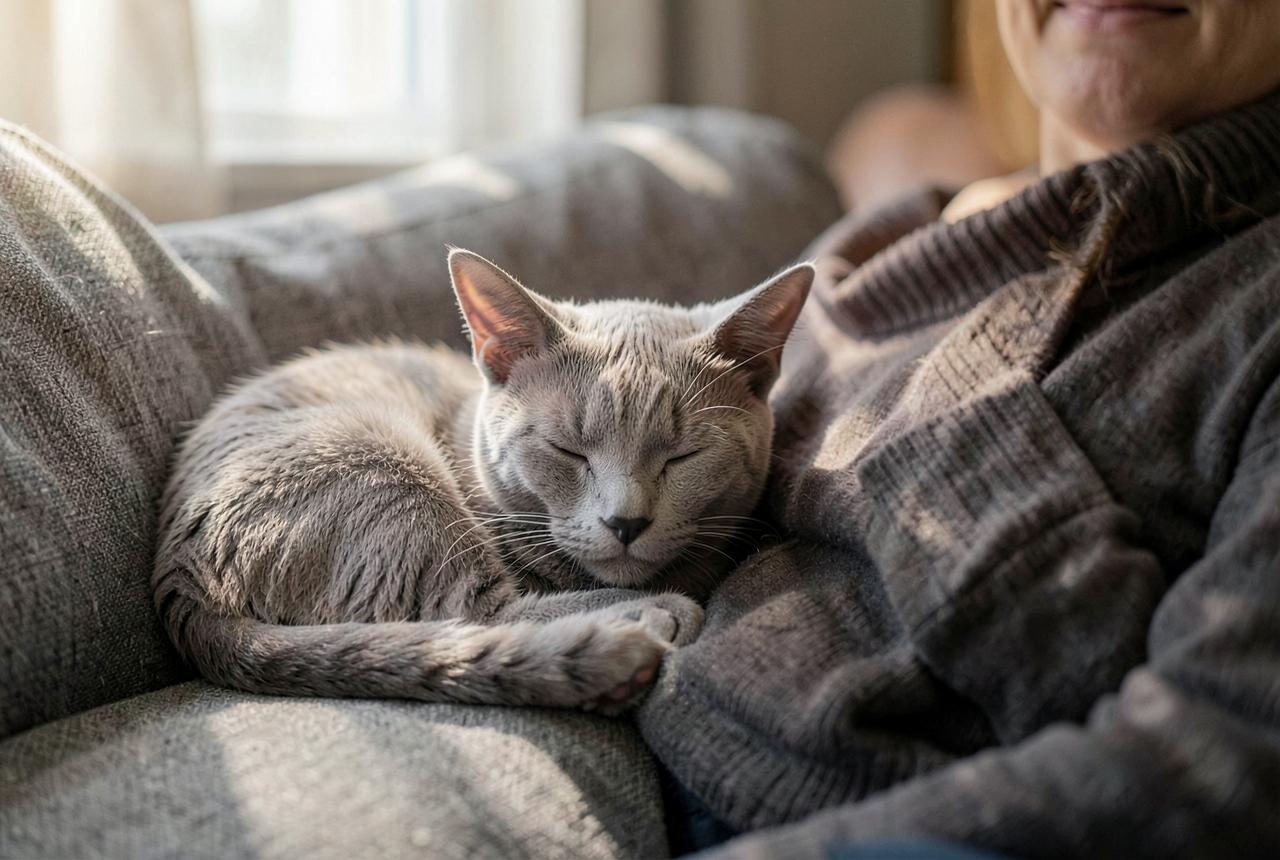 A Korat resting quietly against its owner’s leg on a sofa