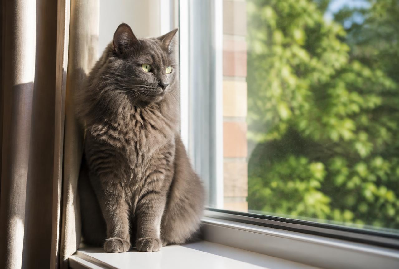 A Nebelung cat watching quietly from a sunny window seat