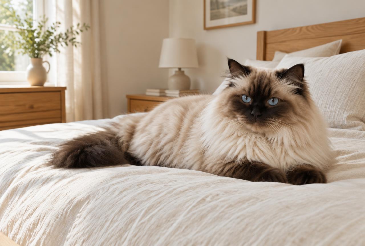 A colourpoint Himalayan cat lying calmly on a cream bed in a sunlit bedroom