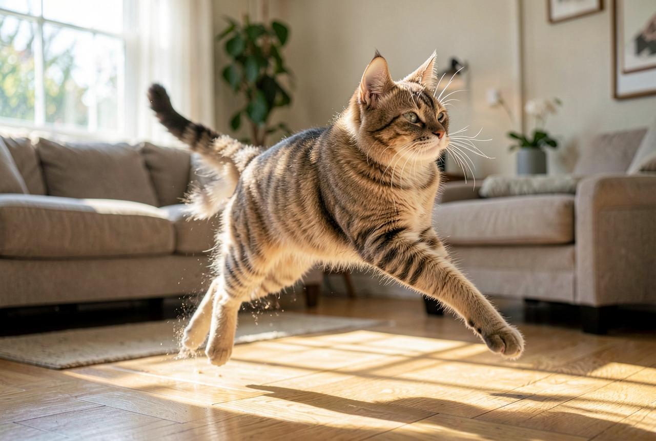 A Manx cat mid-leap across a sunlit living room floor.