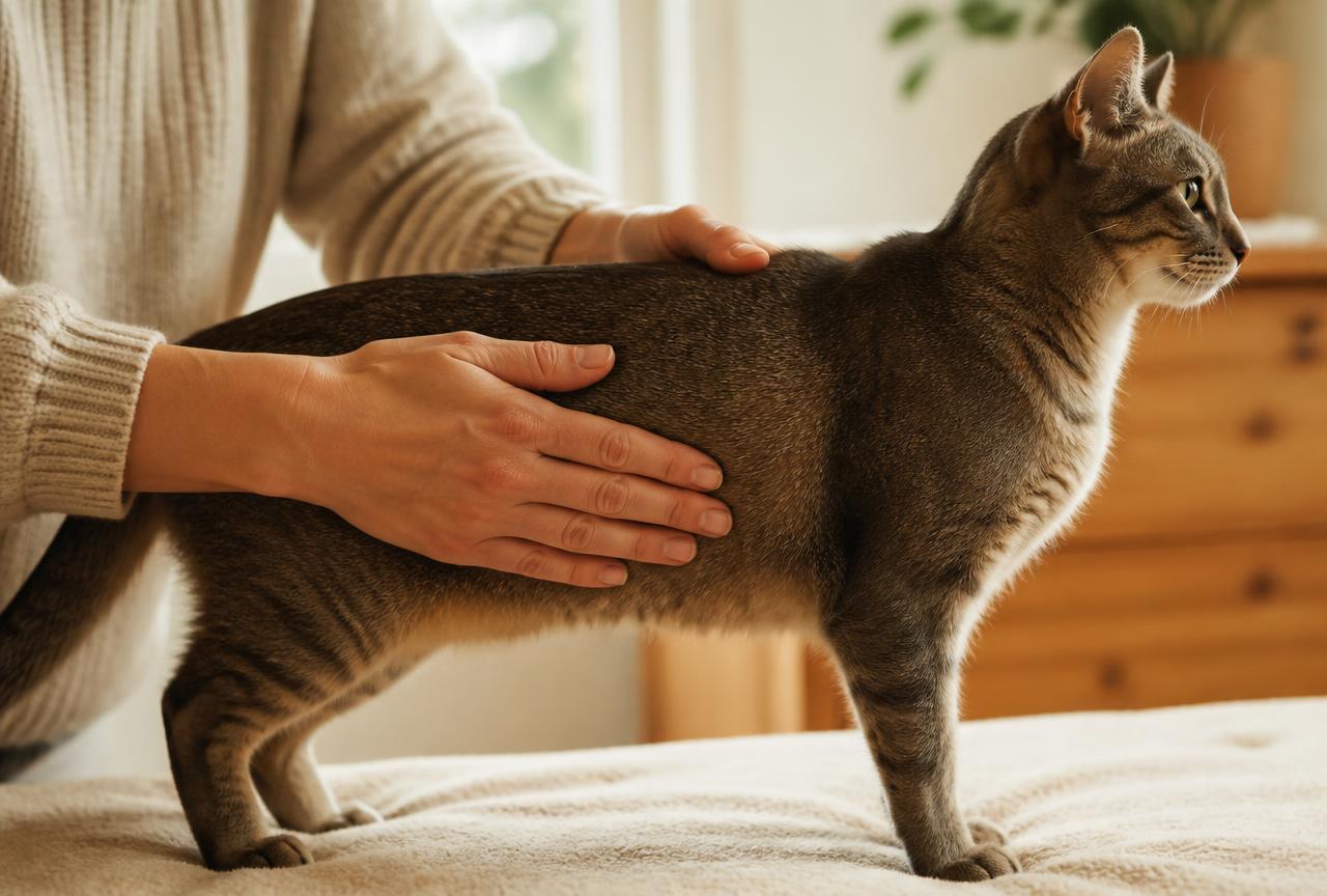 Two hands running flat along the ribcage of a calm short-haired cat standing on a cream blanket