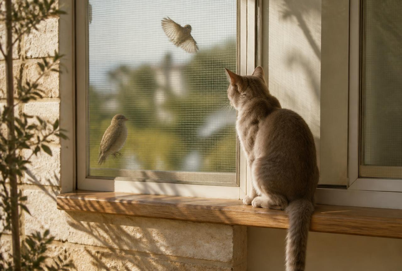 A ginger cat sitting on an oak windowsill watching two birds through a fine mesh screen