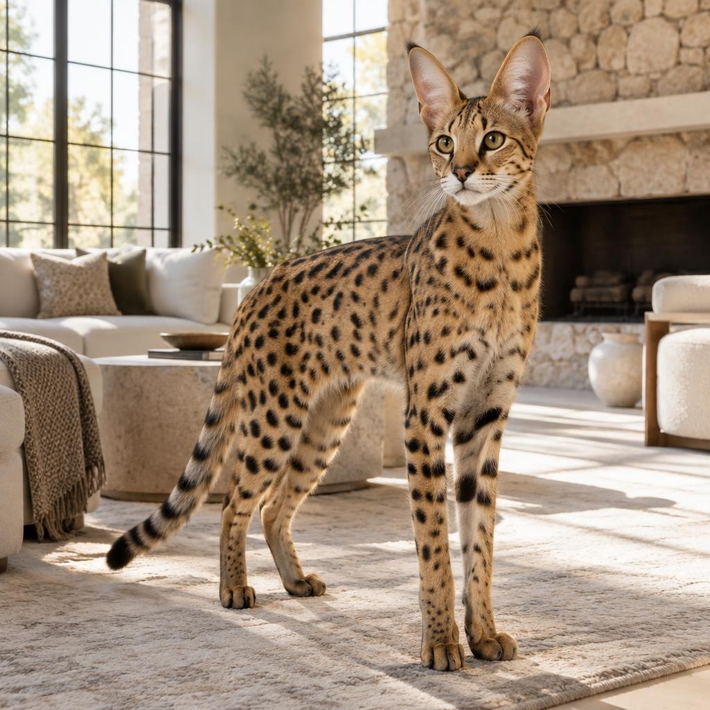 A tall spotted Savannah cat with long legs and large upright ears standing in a bright sunlit room
