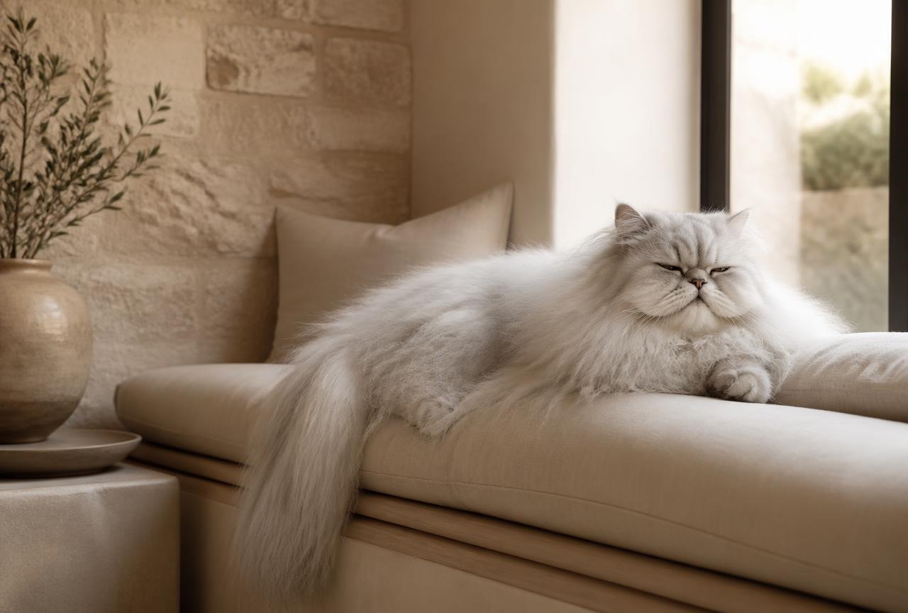 A Persian cat resting on a deep window seat cushion with its long coat draped over the edge, eyes half closed
