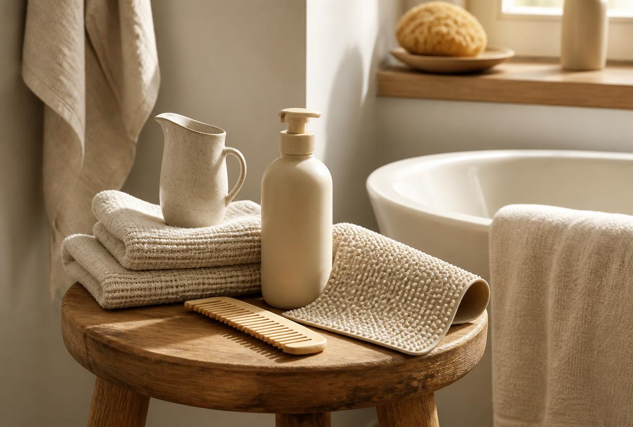 Bath supplies arranged on a wooden stool: folded towels, a jug, a rubber mat, a plain pump bottle and a comb