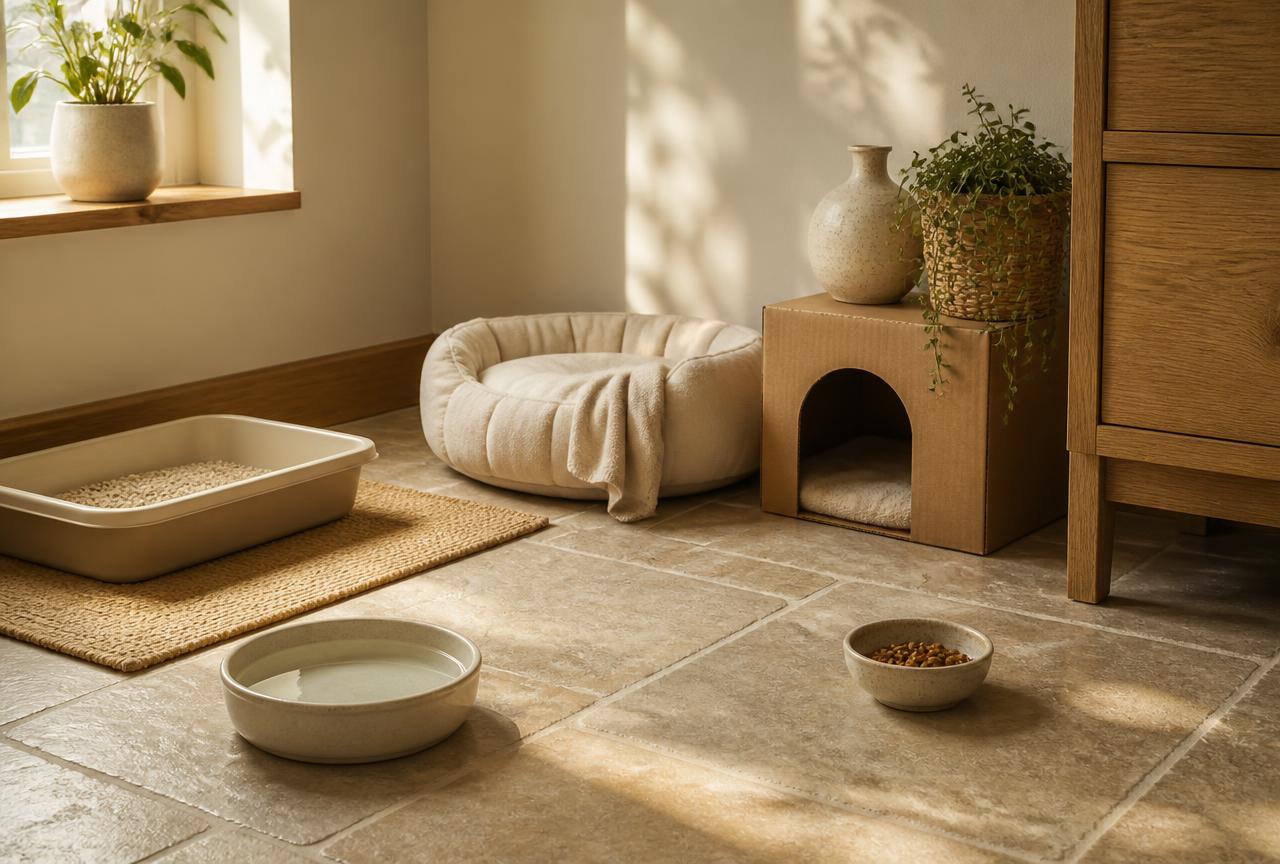 A stone-floored room corner with a low open litter tray on a mat, a shallow water bowl, a small food bowl, a round cushioned bed and a cardboard box hideaway