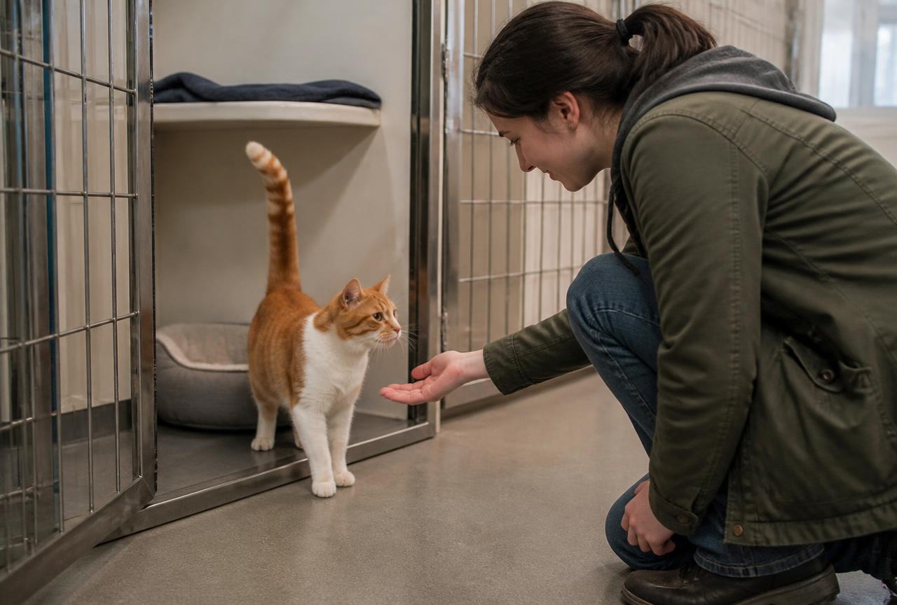 Person crouching beside an open shelter pen extending a hand to a ginger and white cat