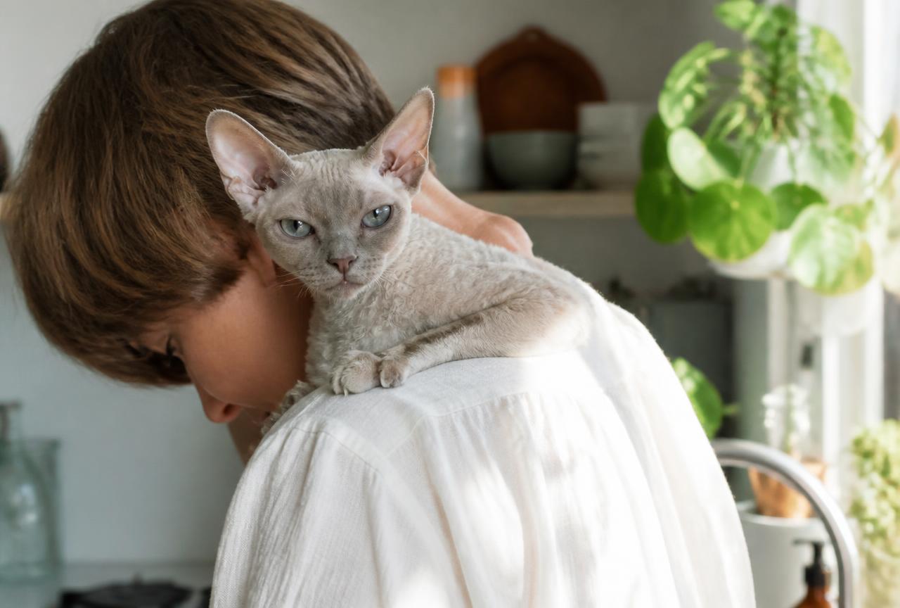 Devon Rex cat perched on a person's shoulder in a sunlit kitchen