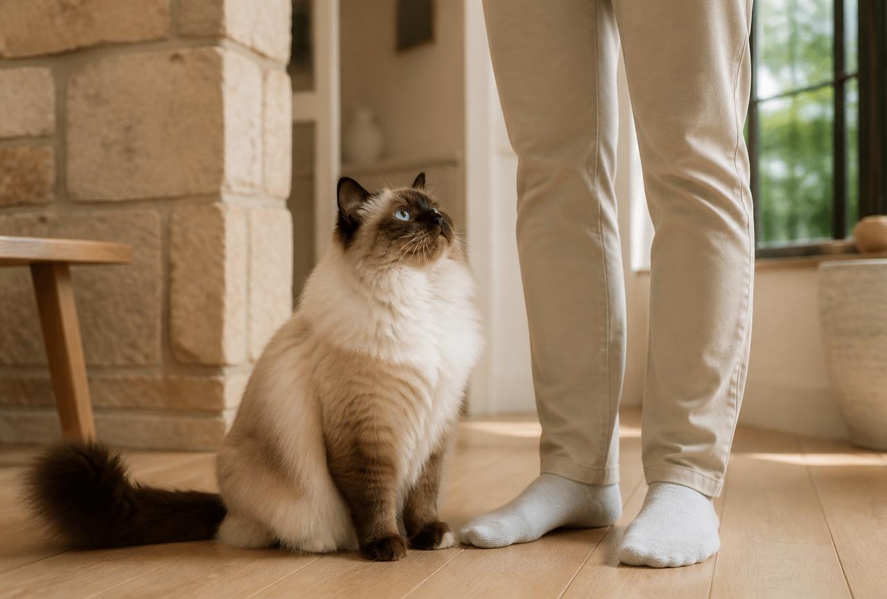 A Ragdoll cat sitting beside an adult person''s legs on an oak floor, showing the breed''s large size