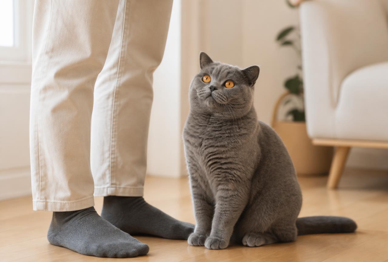 A chunky British Shorthair cat sitting on a wooden floor beside an adult person''s feet, looking up