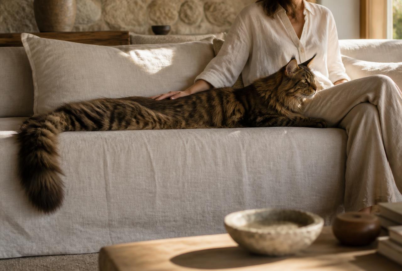 A very long brown tabby Maine Coon stretched along a linen sofa beside a seated person, plumed tail hanging over the edge