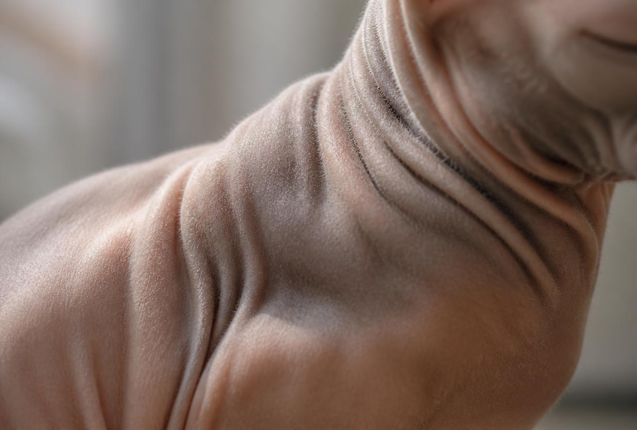 Macro photograph of a Sphynx cat's wrinkled hairless skin covered in fine down