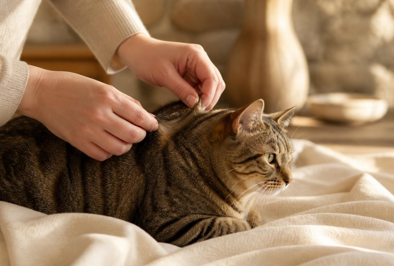 A person gently lifting the loose skin at the shoulders of a calm tabby cat lying on a cream blanket
