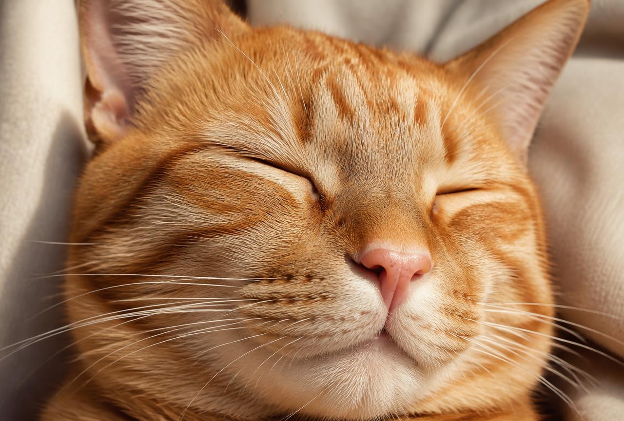 Close-up of a ginger cat mid slow-blink on a cream blanket