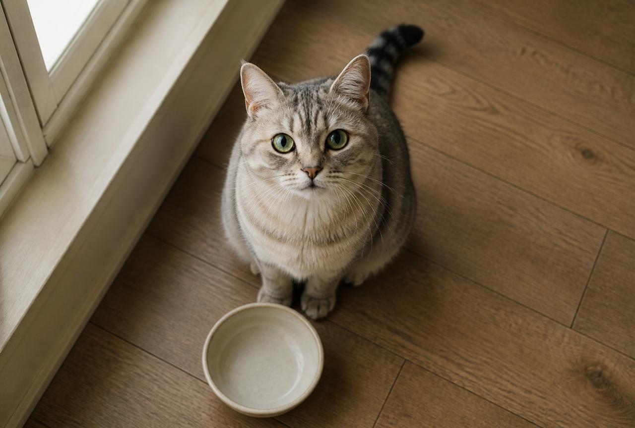 A grey tabby cat sitting upright on an oak floor beside an empty ceramic bowl, staring directly upwards