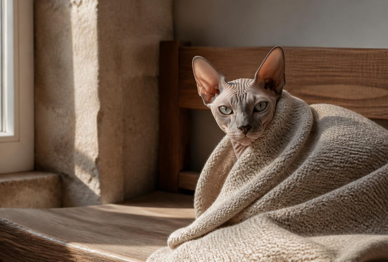 A Sphynx cat wrapped in an oatmeal knitted blanket on an oak bench
