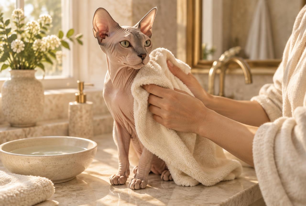 A hairless cat standing on a stone bathroom counter while a person dries it gently with a cream towel, a bowl of water beside them