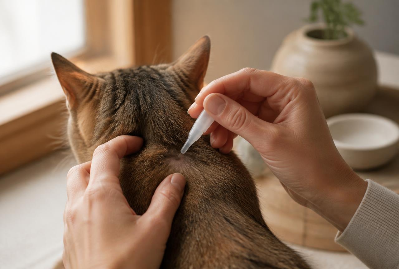 Hands parting the fur at the back of a calm cat's neck with a plain pipette held ready